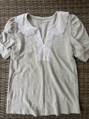 LOFT Gray Tee with White Eyelet Lace Collar